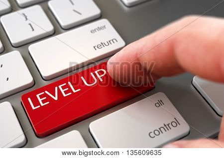 Hand Pushing Level Up Red Modern Laptop Keyboard Key. Laptop Keyboard with Level Up Red Button. Finger Pushing Level Up Button on Modern Laptop Keyboard. 3D Illustration.