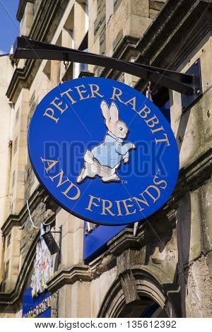 CUMBRIA UK - MAY 29TH 2016: A sign for the Peter Rabbit and Friends Gift Shop in Bowness-on-Windermere in the Lake District on 29th May 2016.