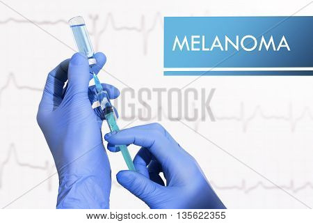 Stop melanoma. Syringe is filled with injection. Syringe and vaccine