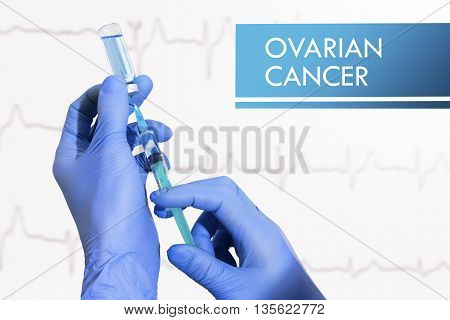 Stop ovarian cancer. Syringe is filled with injection. Syringe and vaccine