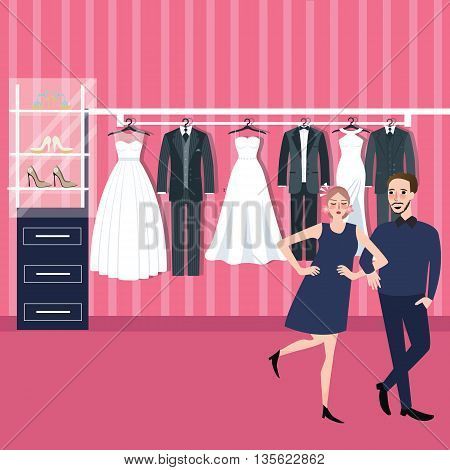 couple man woman select wedding dress in bridal store fitting dresses vector