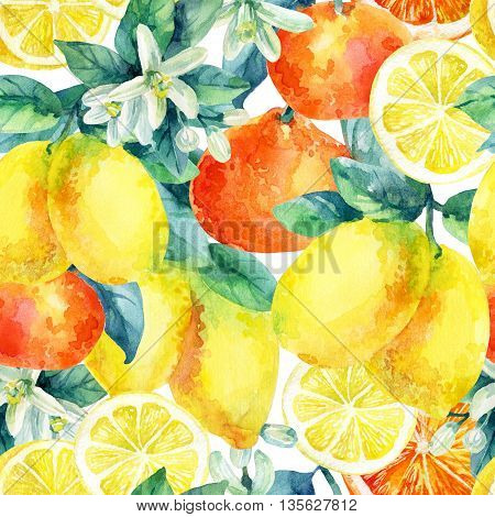 Watercolor mandarine orange and lemon fruit with leaves and blossom seamless pattern. Orange lemon citrus tree background. Tangerine lemon leaf flower in retro style. Hand painted illustration