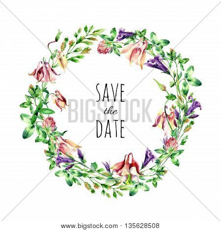 Watercolor meadow bell flowers wreath. Watercolor wild columbine and bell flowers arrangement on white background. Hand painted illustration for 