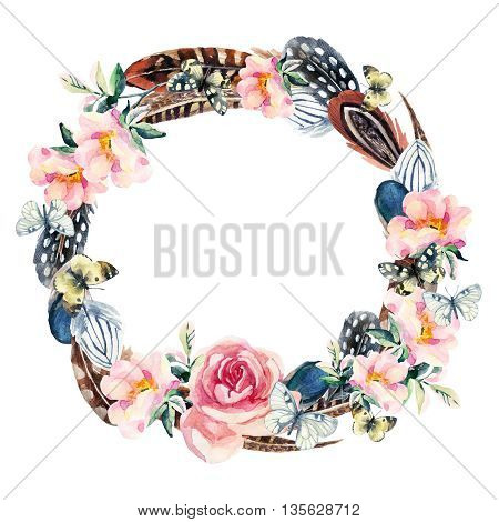 Watercolor bird feathers briar flowers and butterfly wreath isolated on white background. Colorful feather dog roses wreath and butterfly. Watercolor art illustration with floral and boho elements.