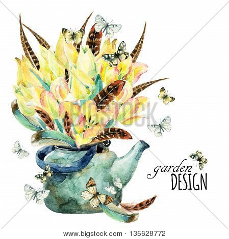 Watercolor floral garden card with tulips feathers butterfly and teapot. Romantic flowers in rusty kettle vintage rustic background. Floral illustration for greetings invitations wedding design