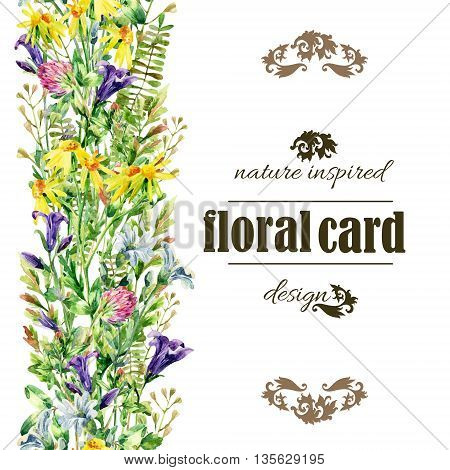 Meadow wildflowers background. Watercolor wild flowers vertical card. Bell flower clover daisy weeds and meadow herbs. Watercolor wild field path. Hand painted floral illustration