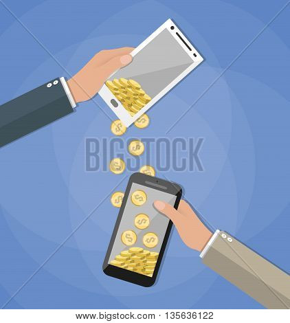 Mobile banking concpet. People sending and receiving money wireless with their mobile phones. Hands holding smart phones with banking payment apps. Vector illustration in flat style on blue background