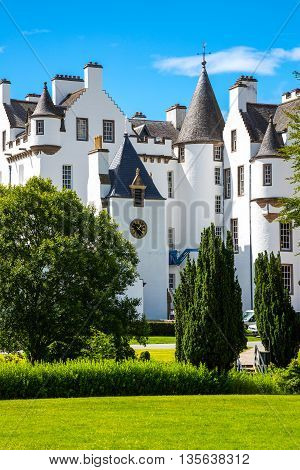 Perthshire Scotland - July 27 2012: Blair Atholl the Blair castle home of the Duke of Athool seen from the garden.