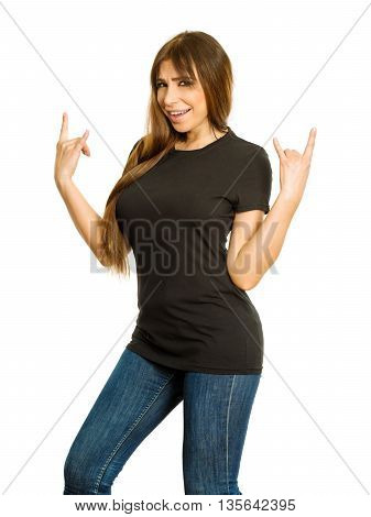 Photo of a sexy brunette woman with blank black shirt making devil horn hand gesture. Ready for your design or artwork.