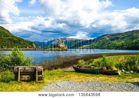Great Britain Scotland Highlands landscape with the Eilean Conan castle in the background.