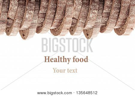Pile of slices of black rye bread with a crispy crust on a white background. Decorative ending border. Isolated. Concept art. Food background.