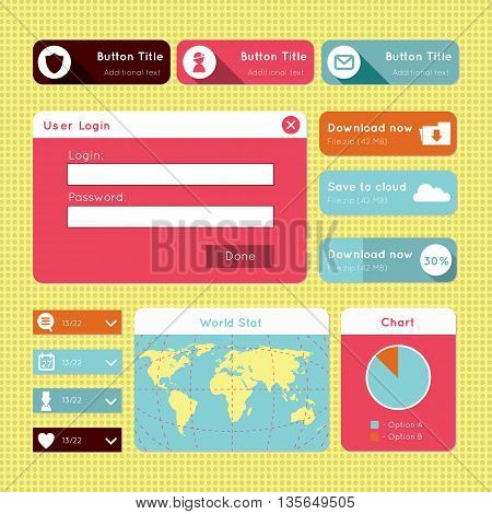 Vector design of member login, download, world map, statistics and dropdown buttons. For smartphones, games, and tablets.