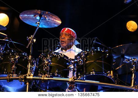 CRACOW POLAND - MARCH 16 2016: Famous American drummer Billy Cobham live on stage in ICE Cracow Poland