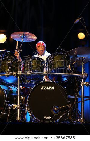 CRACOW POLAND - MARCH 16 2016: Famous American drummer Billy Cobham live on stage in ICE Cracow Poland