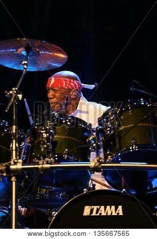 CRACOW POLAND - MARCH 16 2016: Famous American drummer Billy Cobham live on stage in ICE Cracow Poland