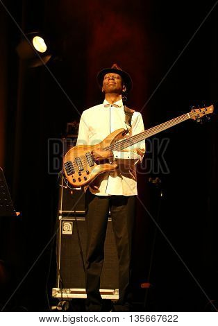 CRACOW POLAND - MARCH 16 2016: Billy Cobham Band live on stage in ICE Cracow Poland
