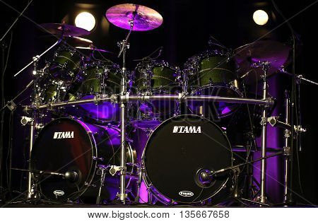 CRACOW POLAND - MARCH 16 2016: Drums of Billy Cobham live on stage in ICE Cracow Poland
