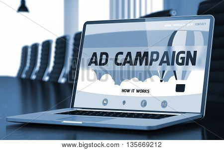 Modern Meeting Room with Laptop Showing Landing Page with Text Ad Campaign. Closeup View. Toned Image. Selective Focus. 3D Render.