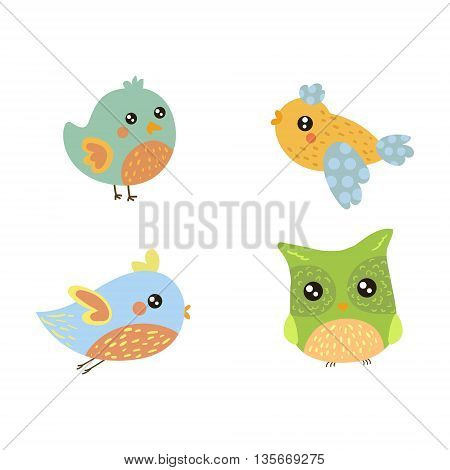 Four Cute Small Birds Collection Of Isolated Childish Style Simple Shape Design Vector Icons On White Background