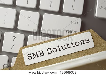 SMB Solutions. Card Index Concept on Background of White PC Keyboard. Archive Concept. Closeup View. Toned Blurred  Illustration. 3D Rendering.