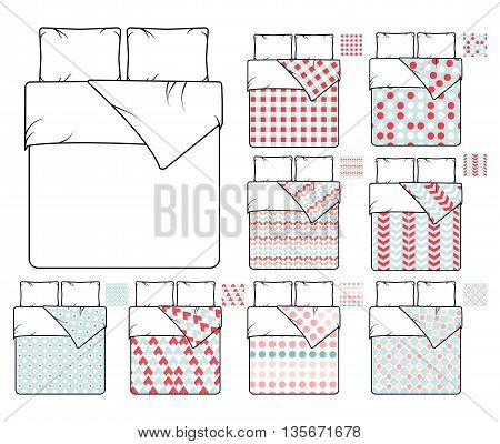 Bedding and linen vector template and sample patterns set. Pattern decoration bedding, decor seamless fabric bedding, textile bedding bedroom illustration