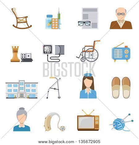 Elderly care in nursing home decorative icons set of wheelchair crutch tonometer medication board games isolated elements flat vector illustration