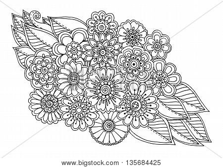 Summer doodle flower ornament with leaves. Hand drawn art floral mandala. Black and white background. Zentangle inspired pattern for coloring book pages for adults and kids.