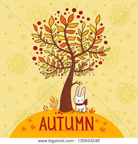 Seasonal background with tree and rabbit. Autumn card.