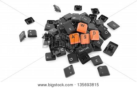 Stack of keyboard buttons isolated on white background with WASD letters on top - 3D illustration