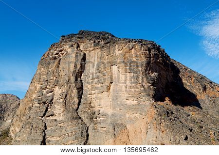 In Oman  The Old Mountain Gorge And Canyon The Deep Cloudy  Sky