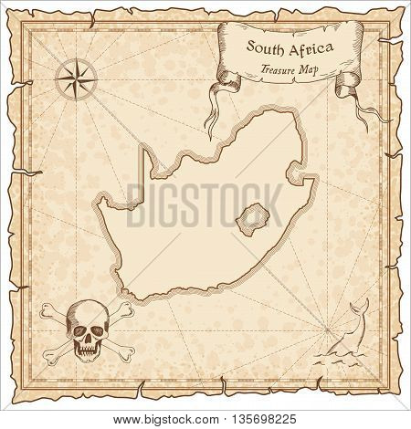 South Africa Old Pirate Map. Sepia Engraved Template Of Treasure Map. Stylized Pirate Map On Vintage