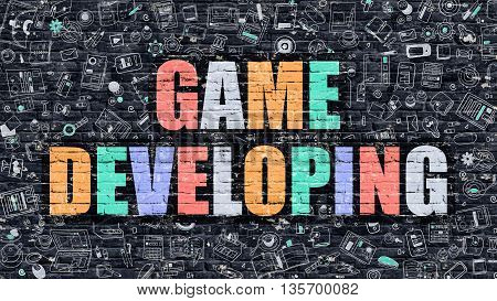 Game Developing. Multicolor Inscription on Dark Brick Wall with Doodle Icons. Game Developing Concept in Modern Style. Doodle Design Icons. Game Developing on Dark Brickwall Background.