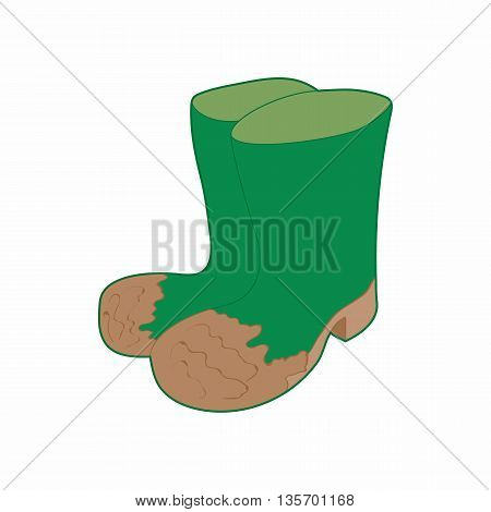 Dirty green rubber boots icon in cartoon style on a white background