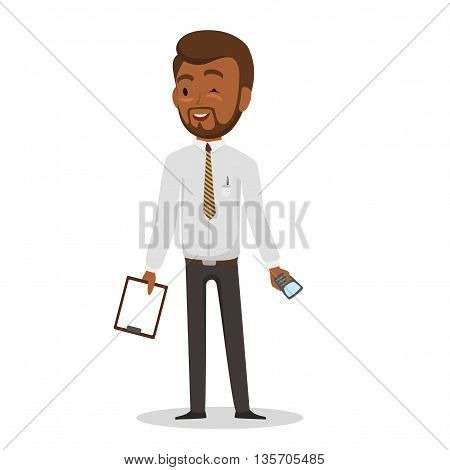Swarthy businessman in white shirt and black trousers with a mobile phone and a folder in hands. Isolated on white background. Vector illustration. EPS 10