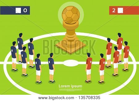 Football Team Players On Field Cup Championship Flat Vector Illustration