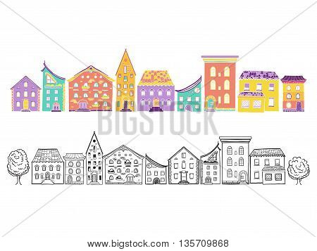 Two row of houses, color and monochrome, set of doodle hand-drawn houses, EPS 8