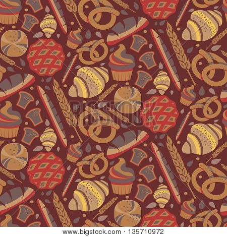 Seamless Pattern For Bakery Theme With Bread,loaf, Croissant, Cupcakes, Pretzel And Spike. Vector Il