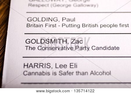 LONDON UK - APRIL 25TH 2016: The name of Zac Goldsmith on a ballot paper for the Mayor of London Election taken on 25th April 2016. Zac Goldsmith is the Conservative Party candidate for the 2016 London Mayoral election.