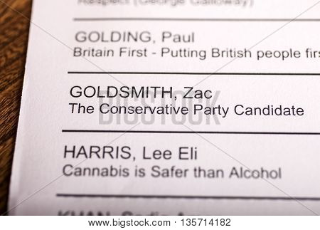 LONDON UK - APRIL 25TH 2016: The name of Zac Goldsmith on a ballot paper for the Mayor of London Election taken on 25th April 2016. Zac Goldsmith is the Conservative Party candidate for the 2016 London Mayoral election.