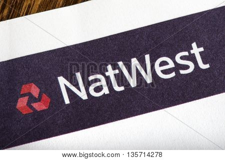 LONDON UK - APRIL 25TH 2016: The logo for Natwest Bank on the top of a letter on 25th April 2016.