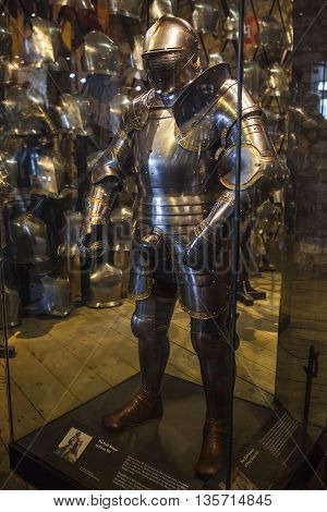 LONDON UK - APRIL 10TH 2016: A suit of armour belonging to King Henry VIII on display in the Royal Armouries at the Tower of London on 10th April 2016.