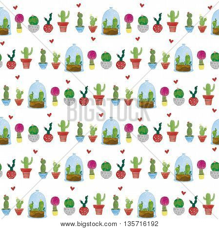 Succulent and cactus seamless pattern. Colorful doodle flowers in pots.