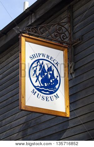 HASTINGS UK - APRIL 1ST 2016: The sign on the exterior of the Shipwreck Museum in Hastings on 1st April 2016.