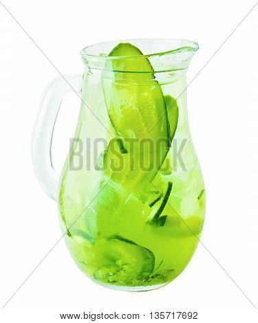 Lemonade Pitcher. Сucumber Lemonade Drink with Ice and Herbs