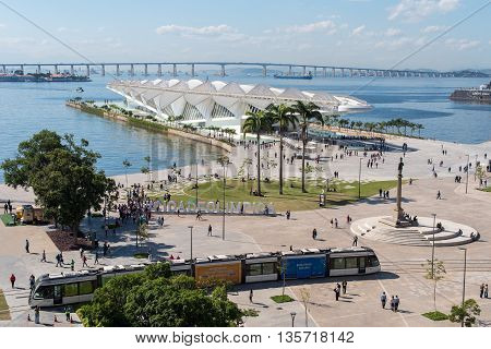 Rio de Janeiro, Brazil - June 14, 2016: New city tram VLT passing Maua Square. Recently inaugurated, it is the newest mode of public transportation in the city center.