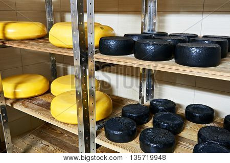 Cheese Factory Warehouse With Shelves Of Product Capretto And Latteria