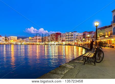 illuminated venetian bay of Chania at night, Crete, Greece