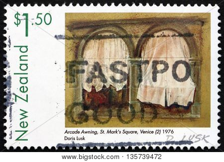 NEW ZEALAND - CIRCA 1999: a stamp printed in New Zealand shows Arcade Awning St. Mark's Square Venice Painting by Doris Lusk circa 1999