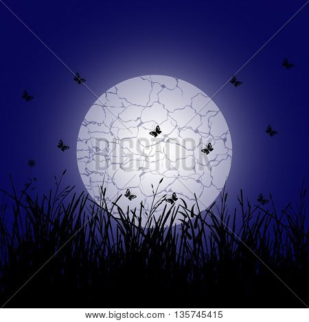 Silhouette of a snail crawling along a branch plant in the meadow and full moon