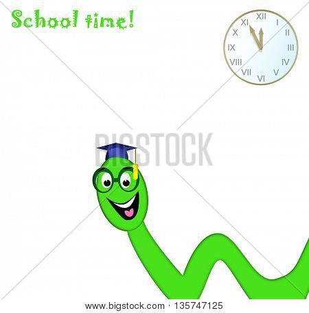 School time-college worm and clock and place for text